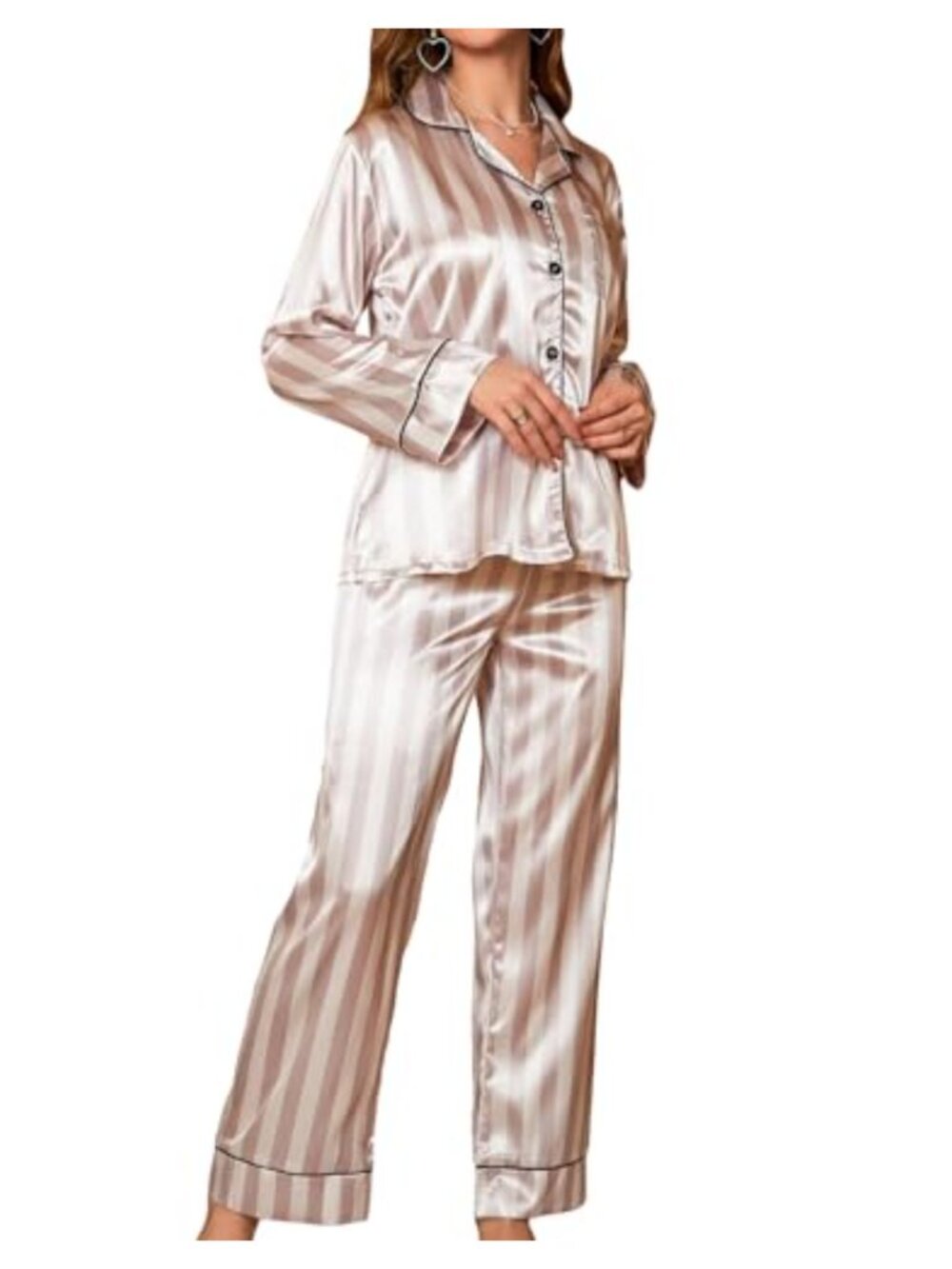 Satin Pajama Set Bowknot Print Long Sleeve Button Down Lounge Pants Sleepwear